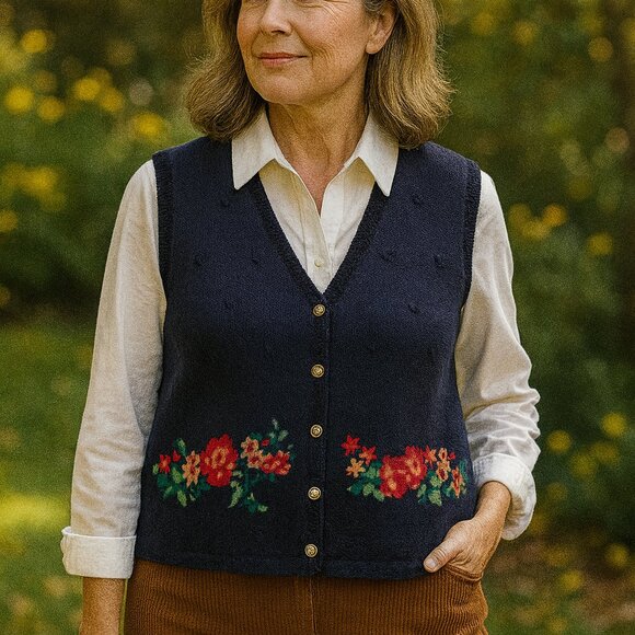 Vintage 90s Koret Floral Embroidered Wool Blend Sweater Vest NWT Sz M Petites - Picture 1 of 12